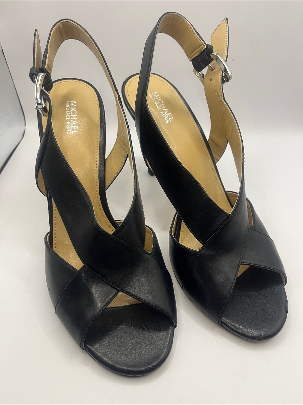 Michael Kors Black Leather Crisscross Slingback Heels